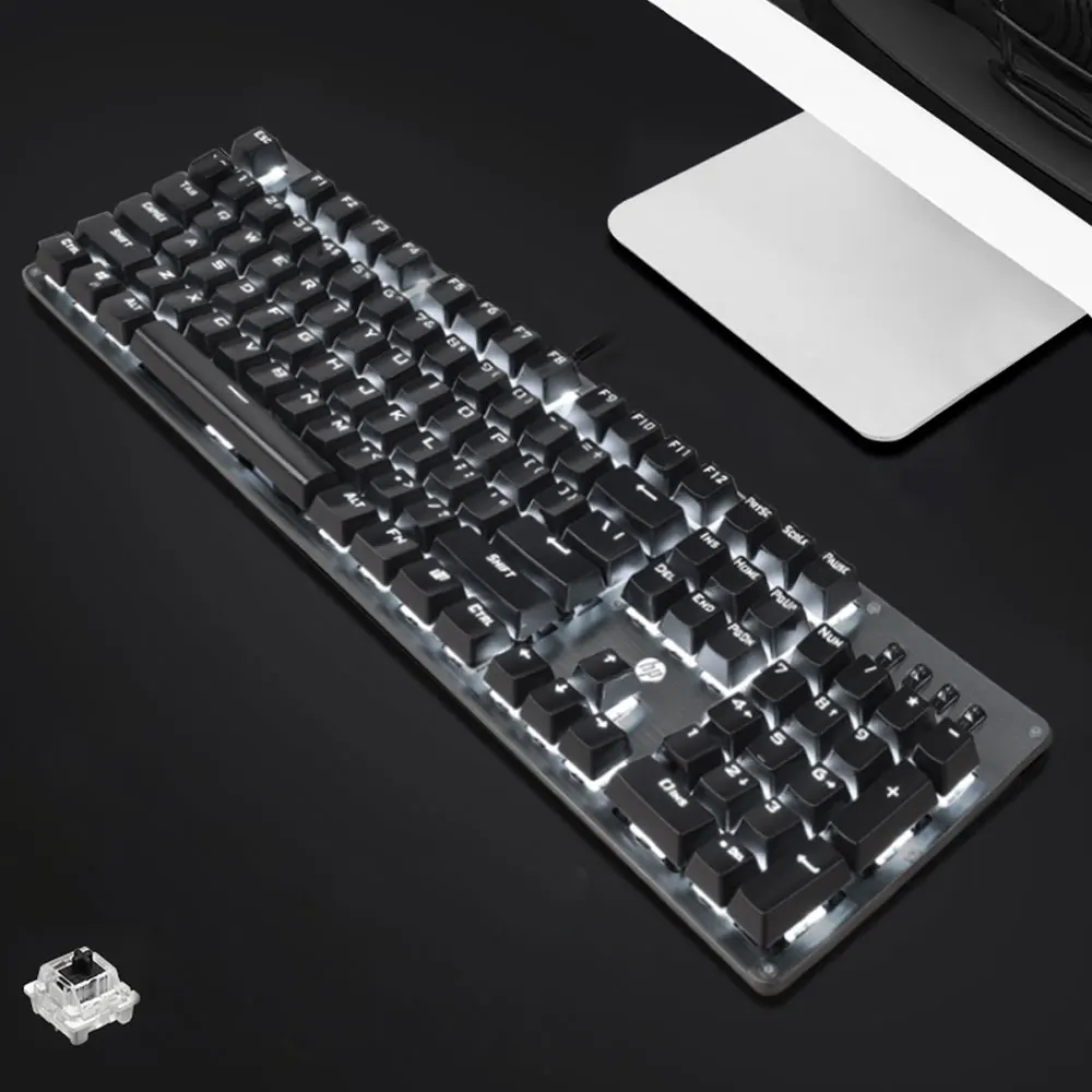 Hp GK100 Механическая игровая клавиатура с подсветкой, синий, красный переключатель, 104 клавиш, металлический цветной светодиодный компьютер с подсветкой, Проводная клавиатура для геймера