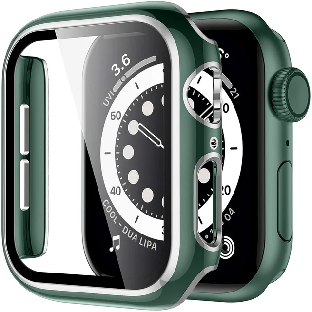 Full Screen Protector Bumper Frame Case for Apple Watch 6/SE/5/4/3/2/1 Cover Slim Tempered Glass Film for iWatch 4/5 Green silver