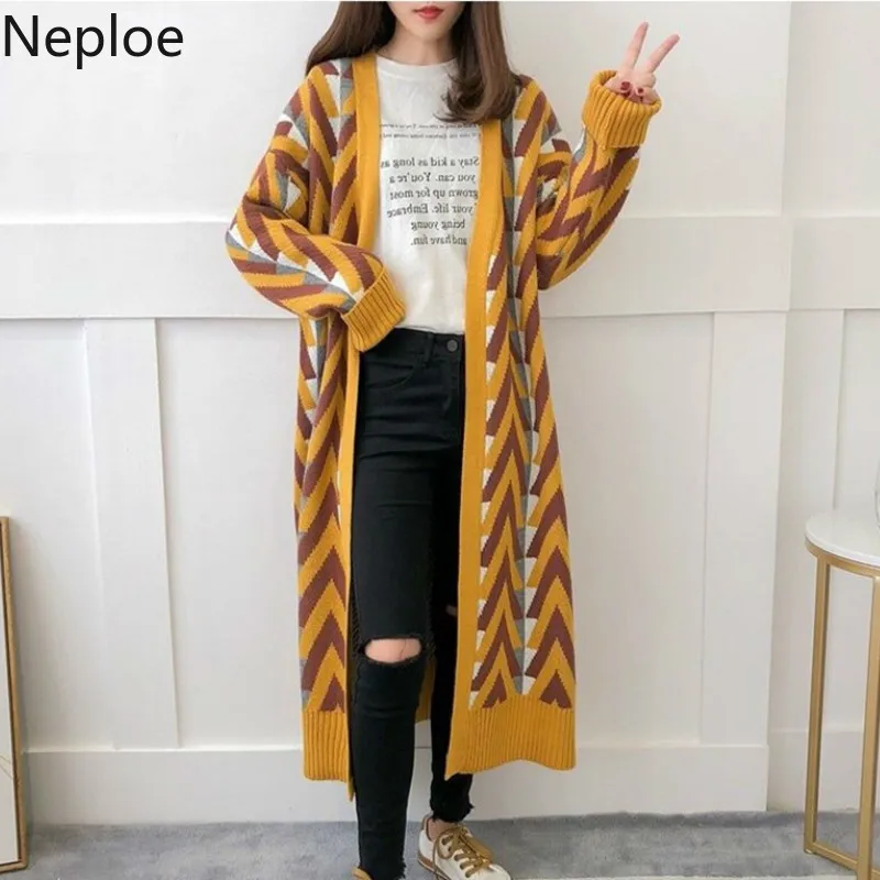 Neploe, свободные, карзи стиль, Длинные кардиганы, свитер, контрастный цвет, пэчворк, волнистые, в полоску, Pull Femme, пальто, осень, новинка, толстая вязка