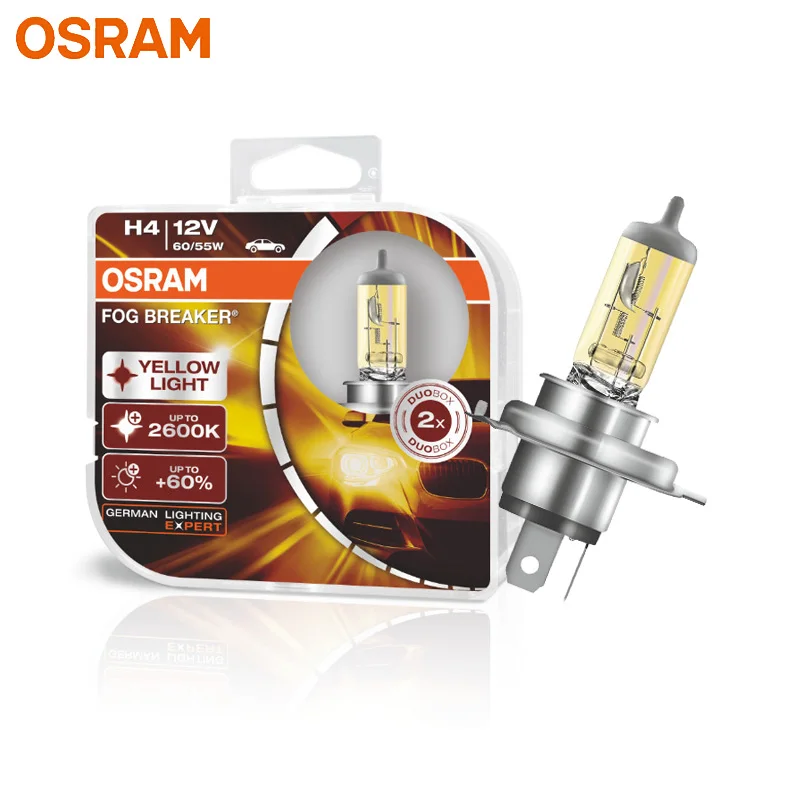 

OSRAM H4 9003 HB2 Yellow 62193FBR Halogen Fog Breaker 12V 60/55W Car Original Headlight 2600K Light +60% Brighter Lamps, Pair