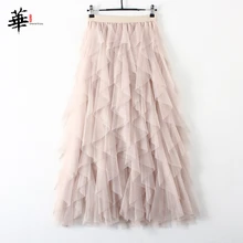 Модная розовая фатиновая юбка-пачка макси для девочек, Корейская Милая плиссированная Асимметричная юбка с высокой талией, женские юбки, длинные юбки для женщин