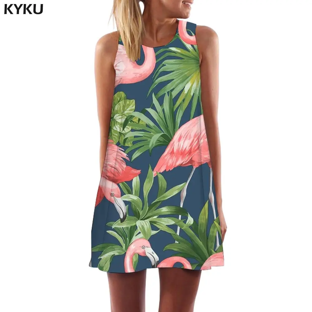 

KYKU Flamingo Dress Women Animal Boho Leaves Ladies Dresses Painting Tank Womens Clothing Elegant Gothic Large Sizes Femme