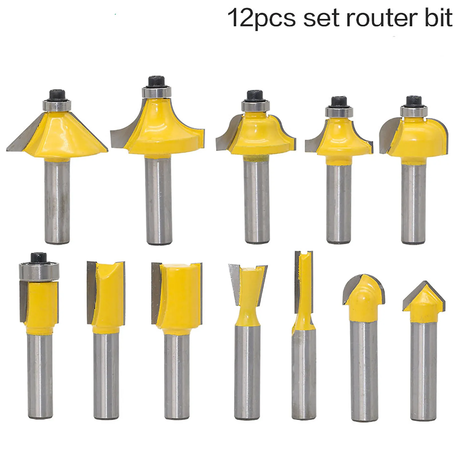 

12pcs 8mm Carbide Tungsten Router Set Woodworking Cutter Trimming Knife Forming Milling Cutter with Wooden Case