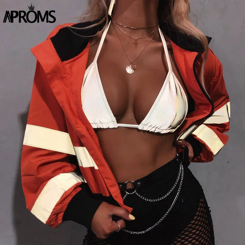

Aproms Fashion Striped Reflective Short Jacket Women Autumn Zipper Color Block Cool Jackets 90s Girls Black Loose Outerwear Coat