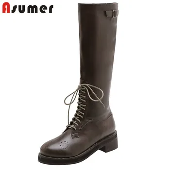 

ASUMER 2020 Newest genuine leather knee high boots women round toe zip fashion riding boots autumn winter platform shoes woman