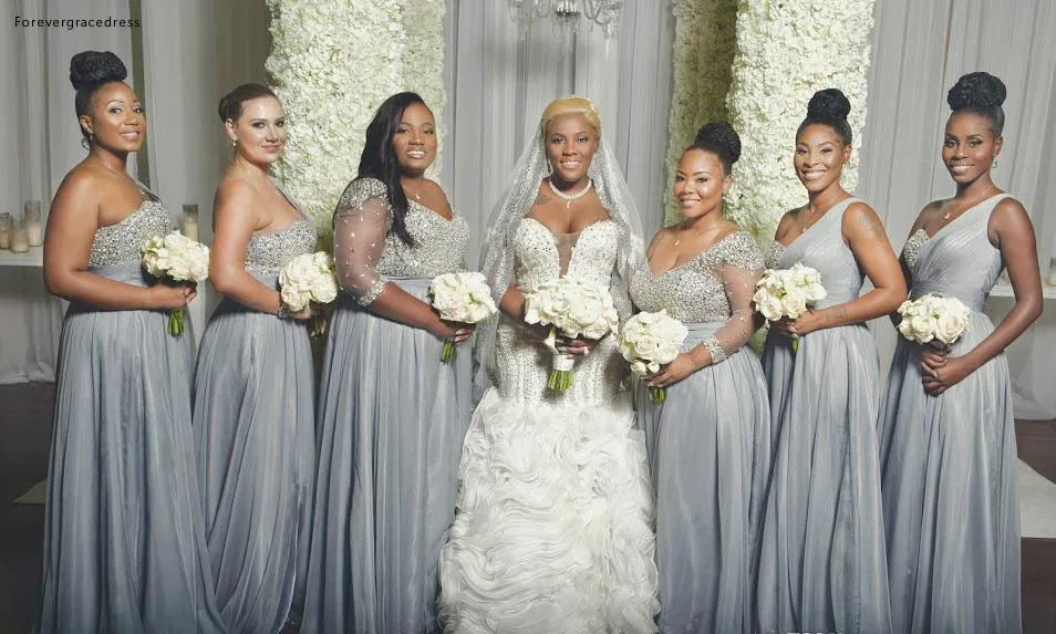 2018 Sexy Chiffon African Crystals Sweetheart Bridesmaid Dresses Beads Sleeveless Floor Length One Shoulder Plus Size Formal Dresses  95 (3)