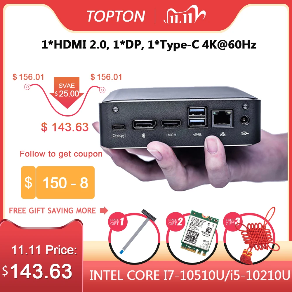 Topton-Mini ordenador de escritorio de bolsillo, súper PC 10TH i7 10510U i5 10210 2 * DDR4 NVME M.2, Windows 10 de tipo profesional-c 4K HDMI 2,0 DP