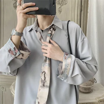 

EWQ / men's wear Handsome Spring new Loose Long Sleeve Shirt with tie 2020 Trend koreans trendy oversize tops patchwork 9Y1478