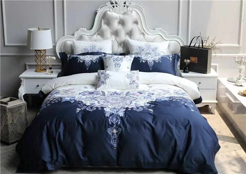 

J/7Pcs White Blue 100S Egyptian Cotton Luxury Royal Bedding Set Oriental Embroidery Queen King size Duvet Cover Bed sheet set