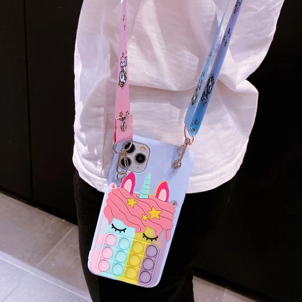 Cartoon Horse Coin Wallet Bags Case For Samsung Galaxy J2 Prime J3 J4 J5 J6 Plus J7 J8 Reliver Stress Bubble Cover With Lanyard samsung silicone case