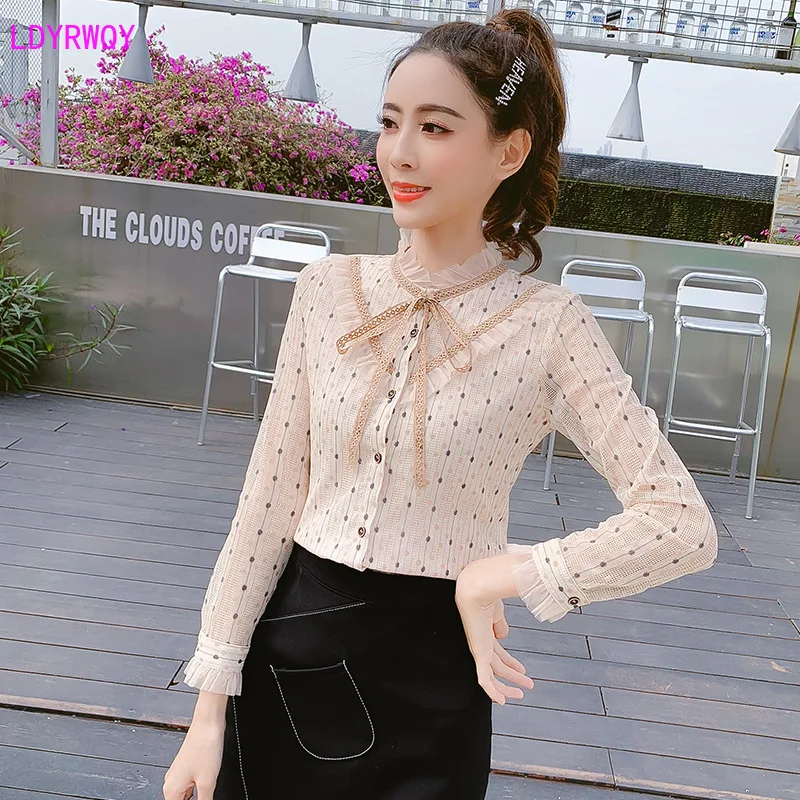 

2019 autumn new Korean women's stand collar bow stitching mesh long sleeve single-breasted fresh sweet versatile shirt