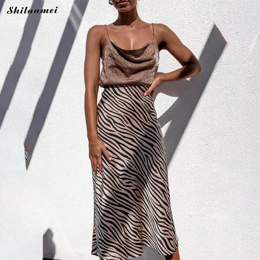 

High Waist Leopard zebra Long Skirt Women Fashion Streetwear Summer Skirts Silk Satin Skirts Office Elegant Party Midi Skirt
