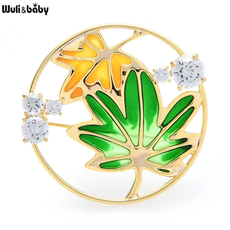 Wuli&baby Cubic Zirconia Enamel Maple Brooches For Women Round Flower Party Office Brooch Pins Gifts