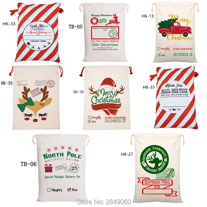 

New Arrival 50pcs/lot Christmas Santa Sacks Drawstring Canvas Gift Bag 38 Designs Santa Claus Bag Cotton Handmade Can Mix Buy