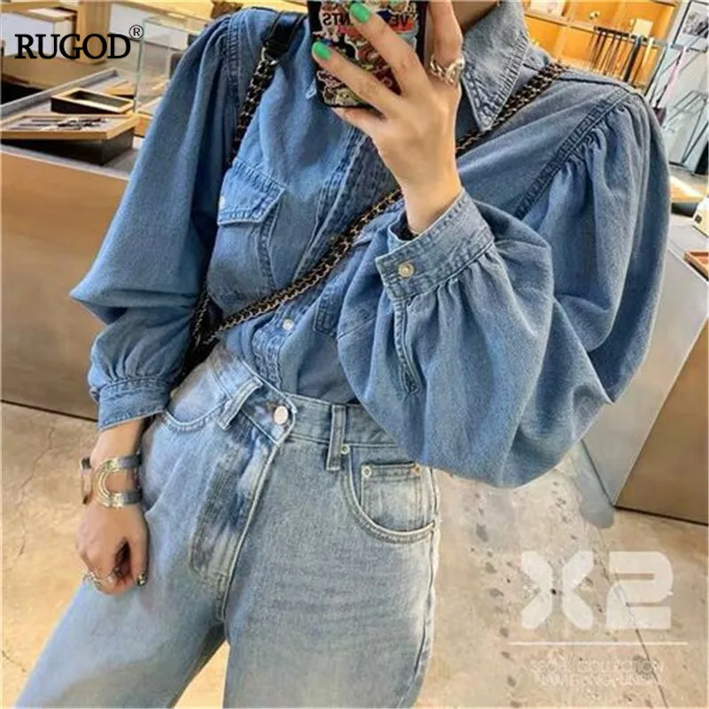 

RUGOD 2019 Korea Style Spring Autumn Denim Women Jackets Turn-down Collar Puff Sleeve Jeans Coats Casual Lady Modis Outwears