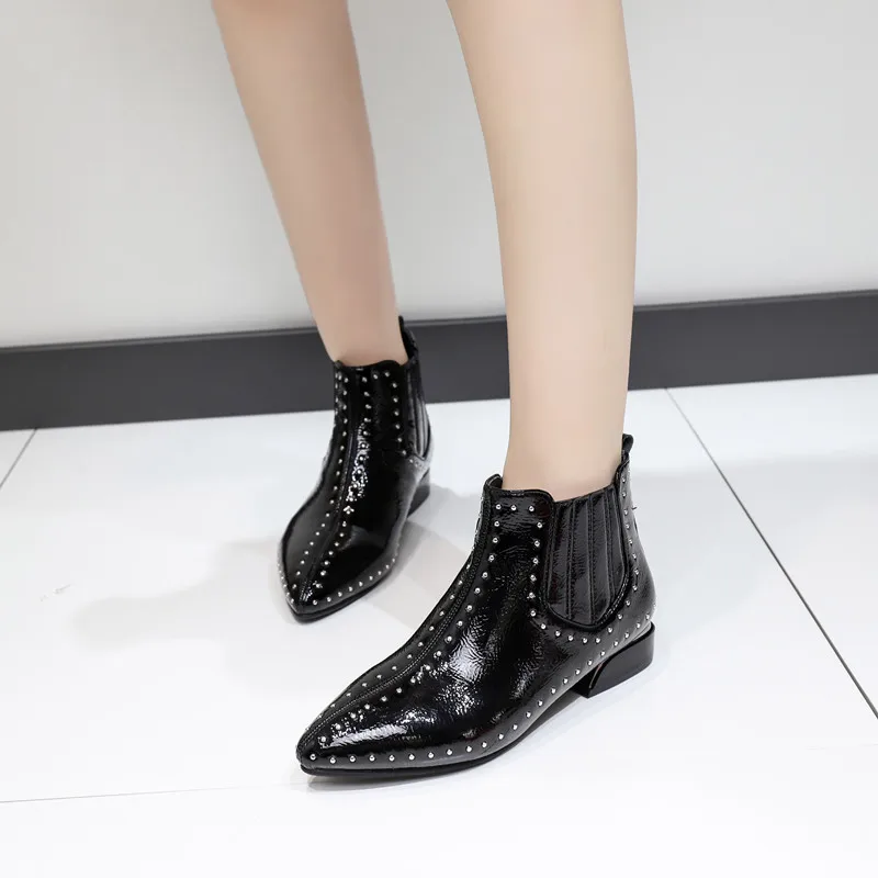

2019 New Style WOMEN'S Shoes Pointed Flat Rivet Ankle Boots Winter Patent Leather Fashion British Style Versatile Martin Boots W