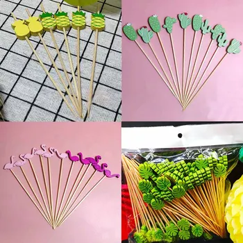 

100pc Flamingo Bamboo Pick Buffet Pineapple Cactus Leaves Cupcake Fruit Fork Dessert Salad Stick Cocktail Skewer For Party Decor