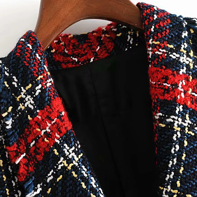 Vintage Women Red Plaid Tweed Blazer Coat Elegant Double Breasted Tassel Suit Jacket Winter Long Sleeve Office Outerwear Blazer