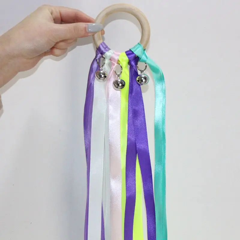 

Rainbow Natural Wooden Ribbon Ring with Bells Baby Teething Teether Molar Gifts R2JF