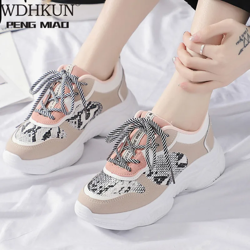 

Fashion Women Sneakers Chunky Platform Snake Print Round Toe Lace-Up Patchwork Air Mesh Casual Flats Women Sneakers JX53
