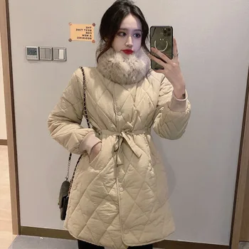 

Winter Women Cotton Padded Down Jackets New Female 2020 Fashion Belt Wool Collar Elegent Slim Solid Color Thick Parkas Chic