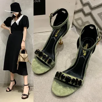 

High heel sandals female 2020 summer fashion word buckle rhinestone fine heel sandals open toe bag with wild high heels Z798