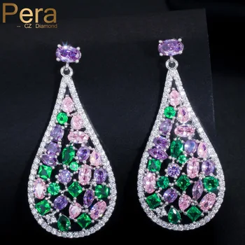 

Pera Classic Silver Color Women Evening Party Jewelry Big Round Drop Pink Purple Dangling Cubic Zirconia Earrings For Gift E211
