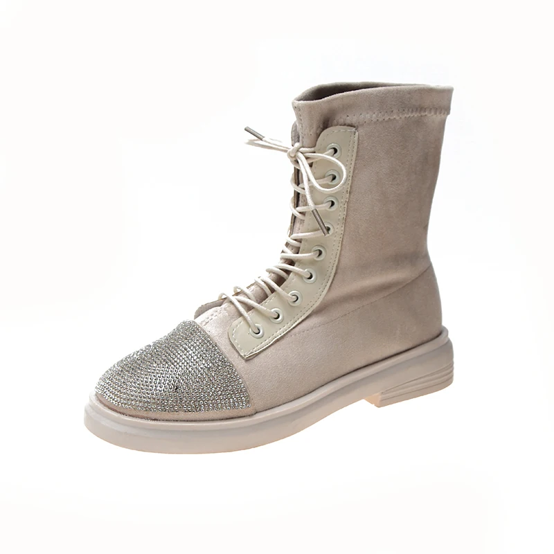 Модные Ботинки martin zapatos mujer, 2109 г. Блестящие стразы на шнуровке, квадратный каблук 3,5 см, размер 35-40, bota feminina - Цвет: Бежевый
