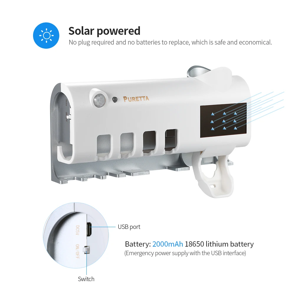 1,2 Вт УФ Солнечная зубная щетка аксессуары для ванной комнаты стерилизатор зубная щетка настенный держатель зубной щетки диспенсер для зубной пасты