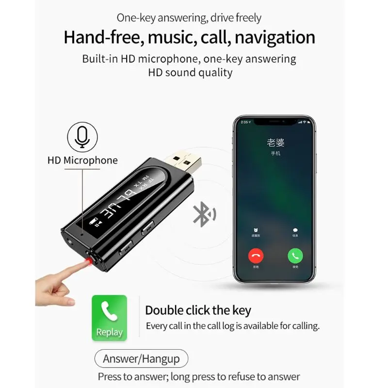 USB FM Bluetooth 5 0 Transmitter Receiver with Display 3 5mm Adapter TF Mp3 Player Card Reader For PC TV Car Speaker Headphone