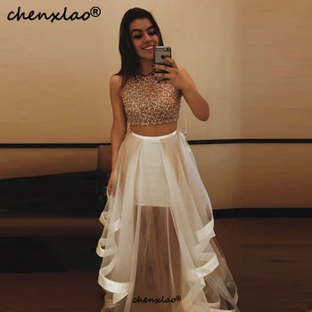 

Homecoming Dresses A-Line Sleeveless Two Pieces Long Robe De Soiree Beads Crystal Tulle Stain Sexy Special Occasion Dress