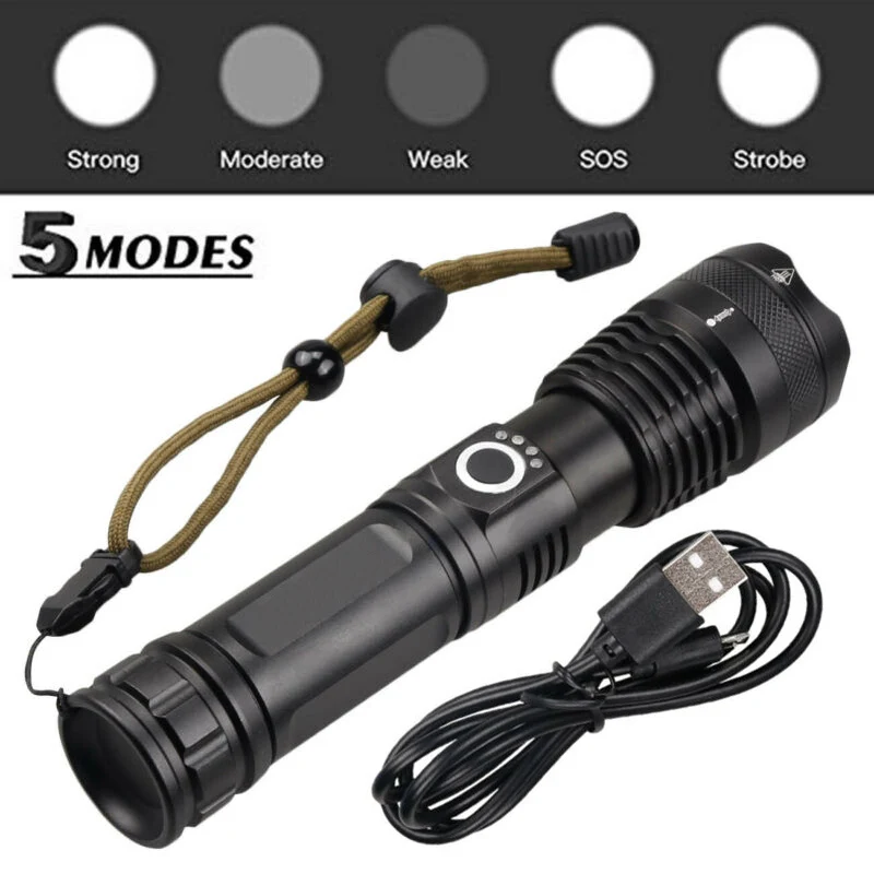

500000LM XHP50 LED Flashlight USB Rechargeable Zoom 18650 Torch 30W Camping