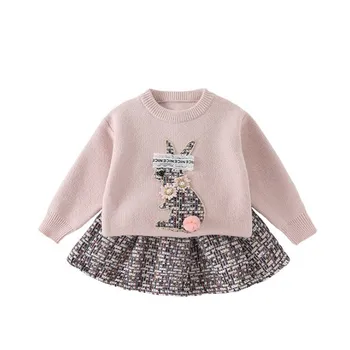 

DFXD High Quality Kids Clothes Set New Fashion Korean Cartoon Rabbit Sweater+Pleated Skirt 2PC Princess Outfits Girls Skirt Sets