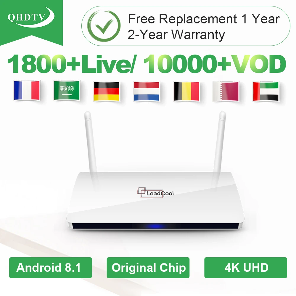 

Leadcool Best Android TV Set Top Box Qhdtv 900+ French Arabic English Languages Sky IT/UK/DE Sports Iptv Channels Wifi Supported