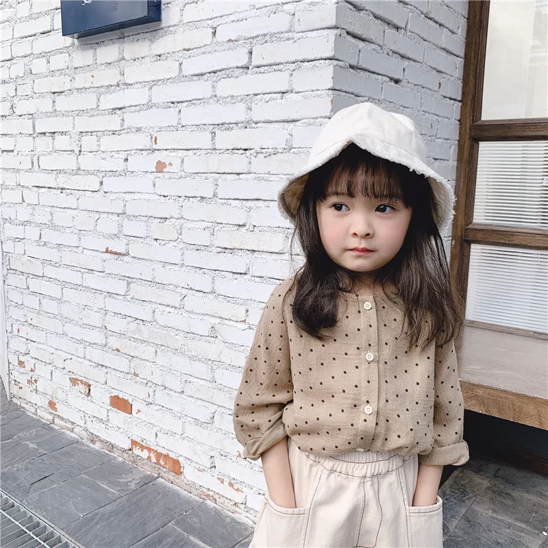 Korean style cute dot sigle-breasted shirts for fashion girls cotton 2 colors casual shirt clothes