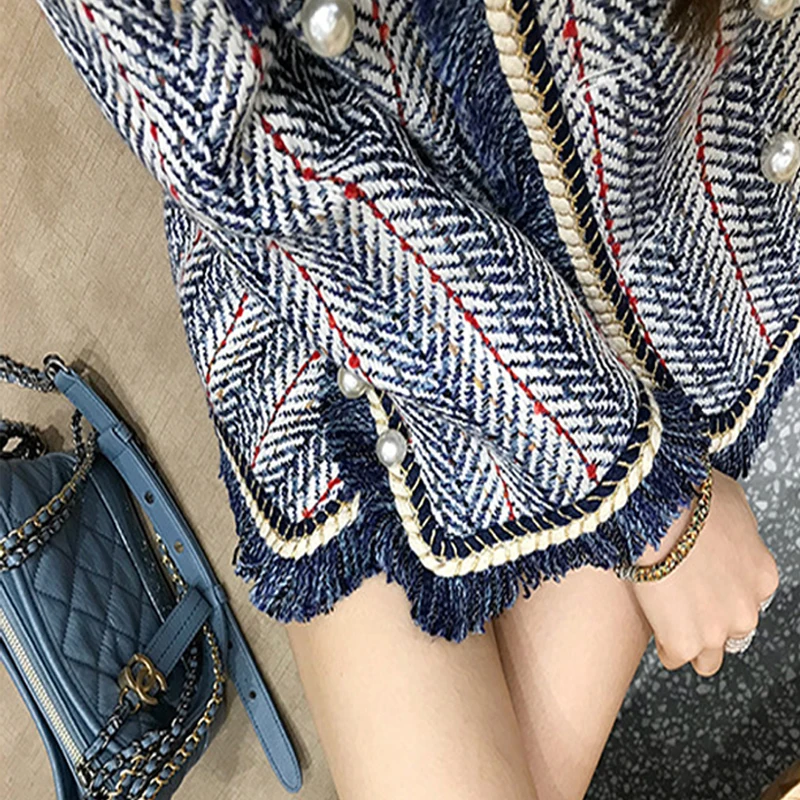 Harajuku, синяя, белая, полосатая твидовая куртка, зимняя женская, с длинным рукавом, с v-образным вырезом, элегантное пальто, бусины из перламутра, с кисточками, кардиган, пальто