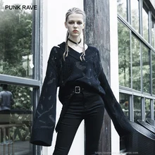 Панк RAVE девушки v-образным вырезом с длинными расклешенными рукавами плеча Вырез трикотажные свитера осень зима черный женский свитер