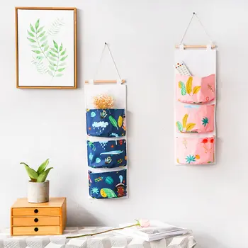 

New 3 Pockets Closet Organizer Clothes Hanging Storage Bag Children Room Pouch Home Decor Cute Wall Mounted Storage Bag