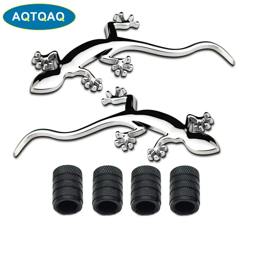 

AQTQAQ 1Pair 3D Metal Gecko Logo Car Badge Emblem Sticker +4Pcs Knurled Style With Plastic Core Valve Caps for Universal Car Sty