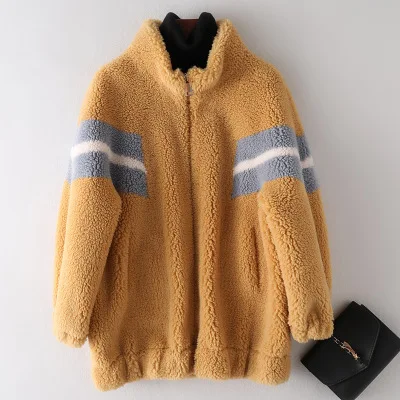 Ginger yellow Осенне-зимнее пальто из овечьей шерсти в стиле пэчворк Женская Высококачественная свободная искусственная меховая куртка женская замшевая подкладка из овечьей шерсти - Цвет: Ginger yellow