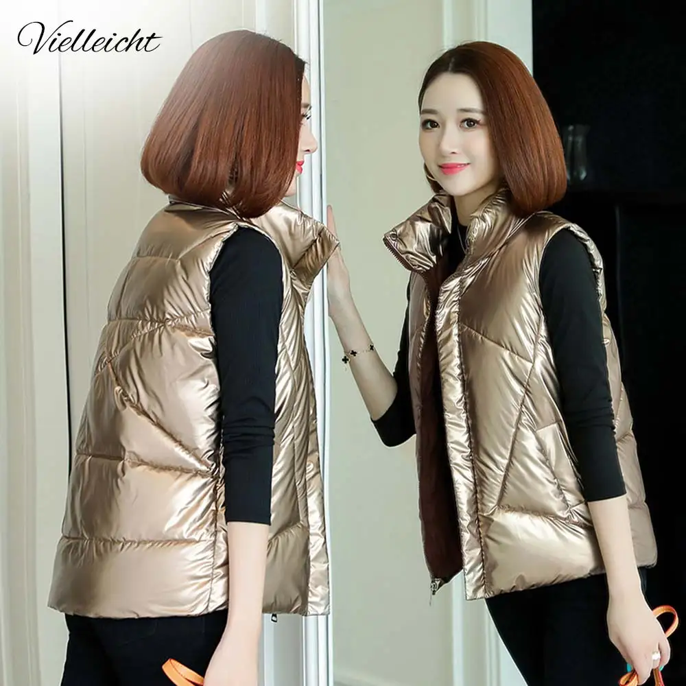 Vielleicht Winter Women's Vest Jacket Coat Sleeveless Stand Collar Autumn Winter Vest For Female Mujer Glossy Waterproof Vest