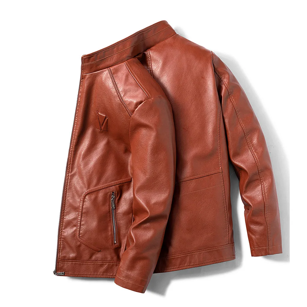Мужская кожаная куртка кожаная курка мужская jaqueta de couro masculino осенне-зимняя однотонная кожаная куртка с длинными рукавами#3