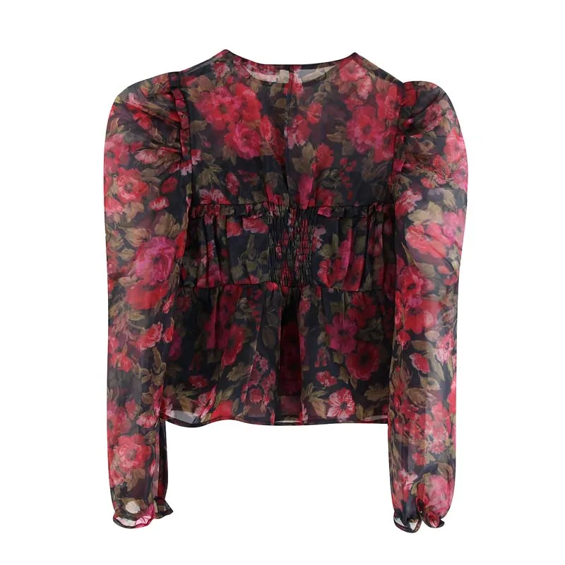 Floral Print Women Organza Blouse Sexy Puff sleeve Fashion Female shirts O-neck Holiday Pleated Crop tops Summer YNZZU YT746