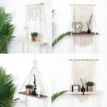 

16 Style Macrame Hanging Planter Basket Wall Wooden Shelf Handmade Plant Pot Rack Hanger Wood Bead Party Wedding Home Decoration