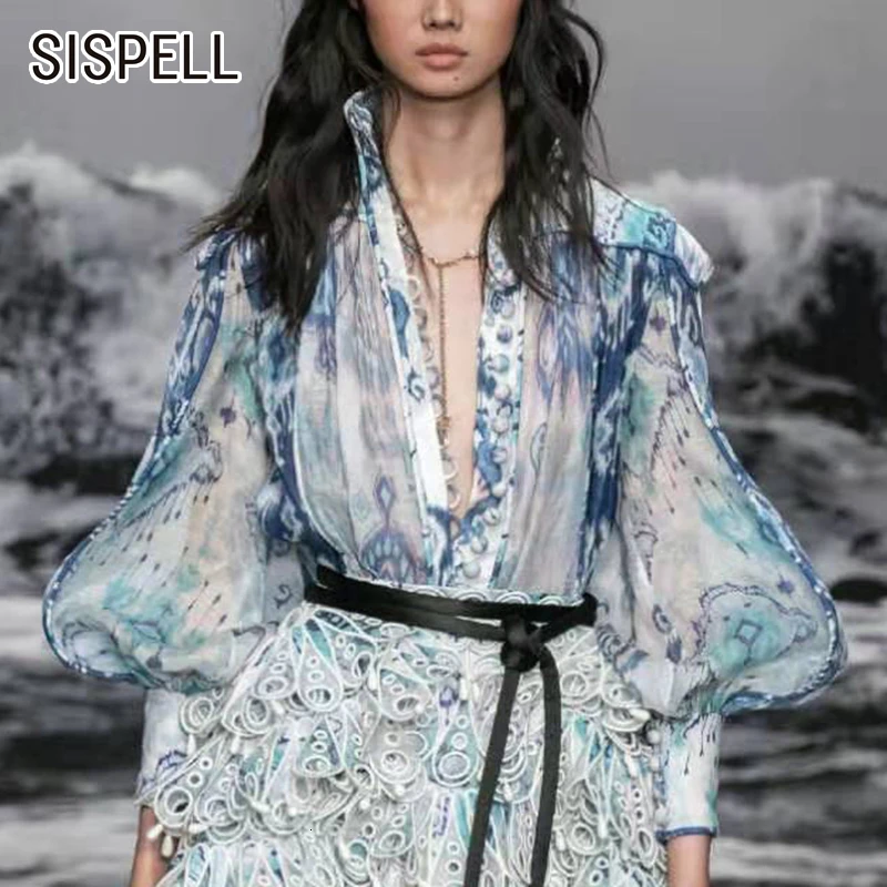 SISPELL Элегантные Осенние женские рубашки с принтом, стоячий воротник, фонарь, длинный рукав, необычные женские блузки, модная одежда