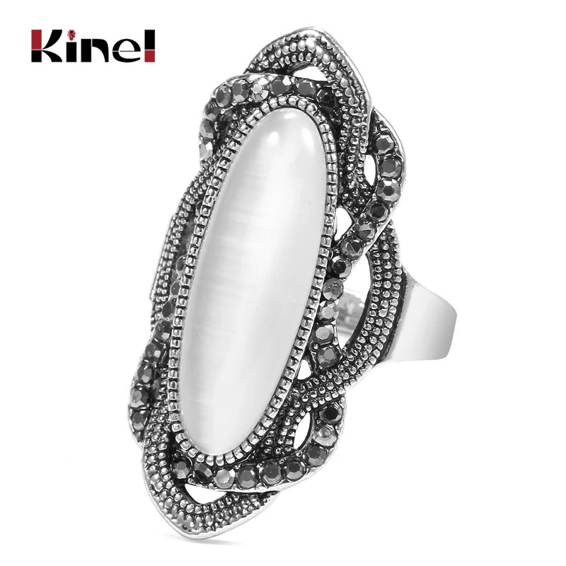 Kinel, высокое качество, богемный стиль, кольцо с белым опалом, большой овальный посеребренный, мозаика, AAA, Серый Кристалл, кольца для женщин, Винтажные Ювелирные Изделия