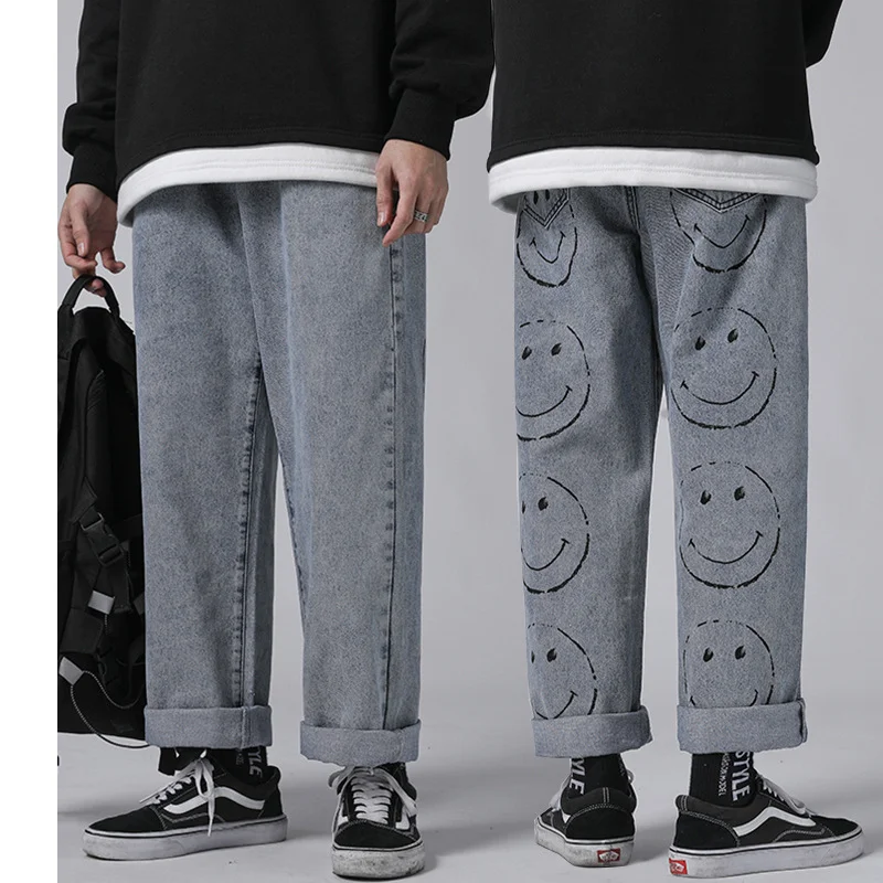 Fashion Mens Vintage Washed Jeans Hip Hop Smile Face Printed Loose Denim Pants Harajuku Autumn New Streetwear Jean Trousers Male 2