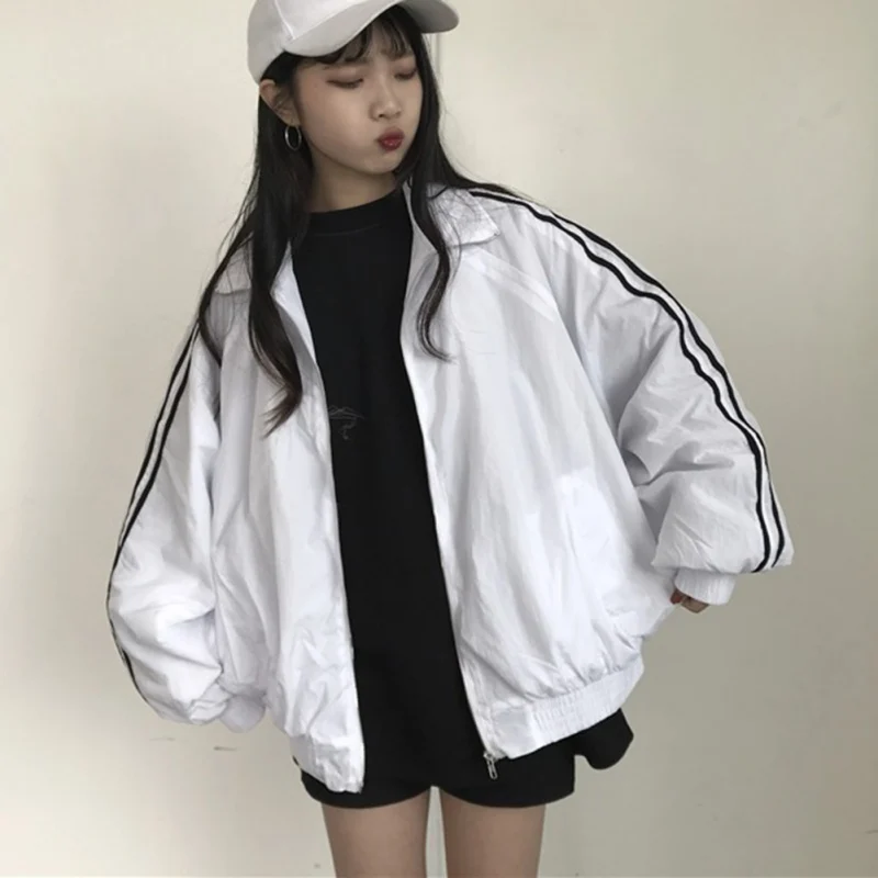 

Patchwork Solid Striped Women Windbreaker Long Sleeve zipped Jacket Spring Autumn Women High Neck Athleisure Coats