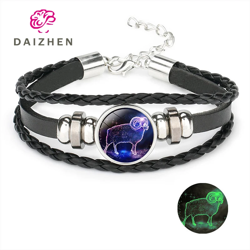 Мужской кожаный браслет светящийся с 12 знаками Зодиака для мужчин и женщин пар праздничный