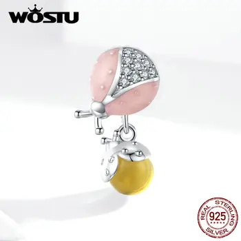

WOSTU Pink & Yellow Ladybug Beads 925 Sterling Silver Zircon Charms Fit Original Bracelet Pendant Silver 925 Jewelry FIC1371